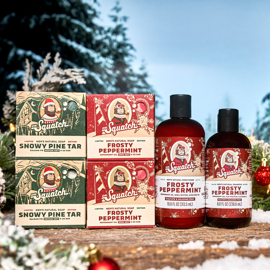 Dr. Squatch Men's Natural Soap and Hair Care - Snowy Pine Tar and Frosty Peppermint Shampoo and Conditioner - Blizzard Expanded Pack - Limited